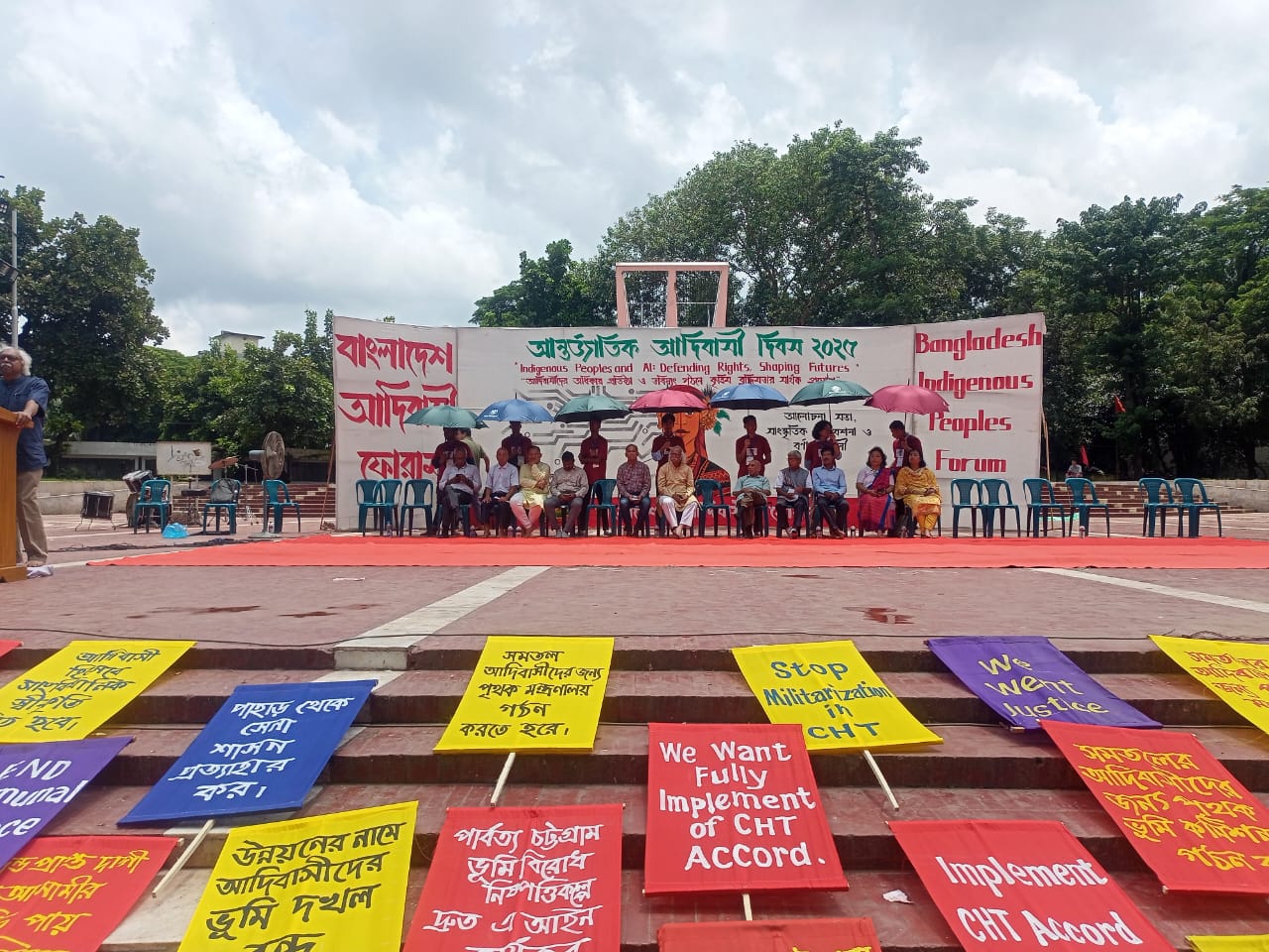 On Indigenous Peoples' Day 2025, indigenous communities in Dhaka hold colorful festoons, banners, and placards at Shaheed Minar, calling for rights and recognition. Photo: A H Mintu/V7N