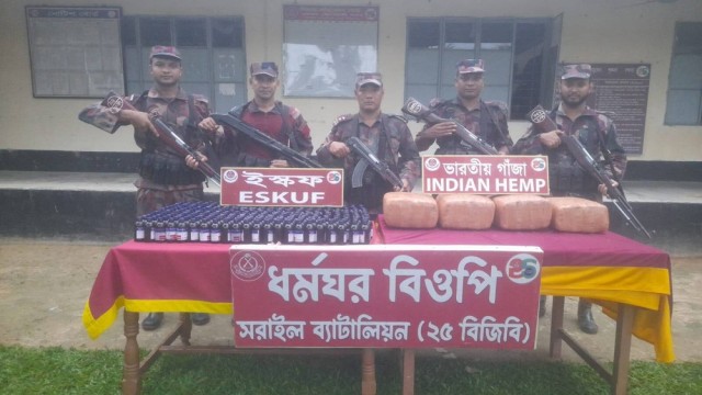 BGB Seizes 20kg Cannabis, 270 Bottles of Eskuf at Habiganj Border